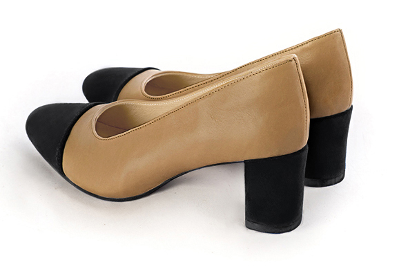 Matt black and camel beige women's dress pumps, with a round neckline. Round toe. Medium block heels. Rear view - Florence KOOIJMAN